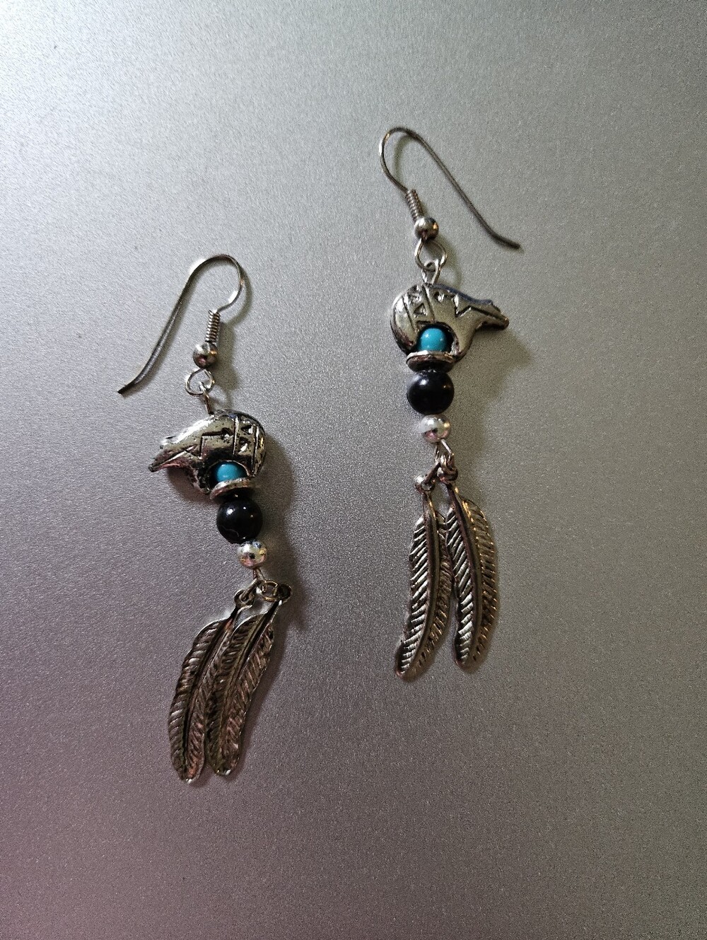 Bear, Feather, Turquiose Earrings
